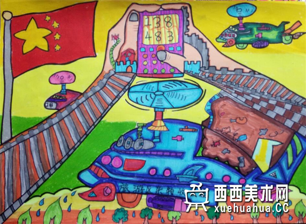 三等奖小学生获奖科幻画《旅游垃圾收集器》欣赏(1)