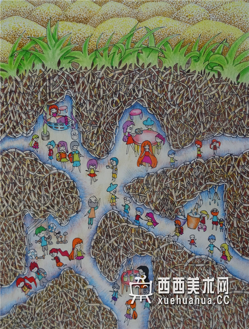 中学生获奖科幻画《沙漠地下尖茅草根避暑乐园》(1)