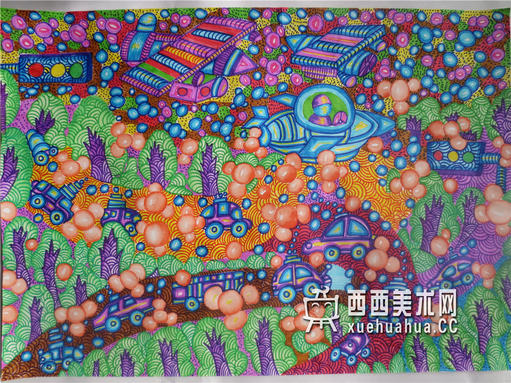 一等奖中学生科幻画《卫星导航无人驾驶车》(1)