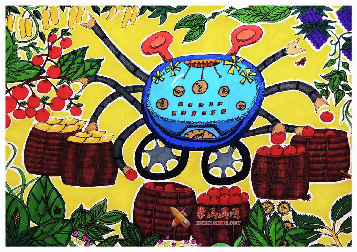 儿童创意科幻画《多功能自动蔬果分类采摘机》(1)