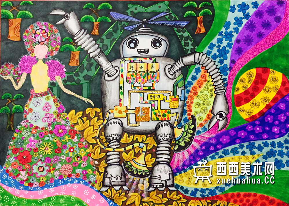 二等奖小学生获奖科幻画《智能园林机器人》欣赏(1)