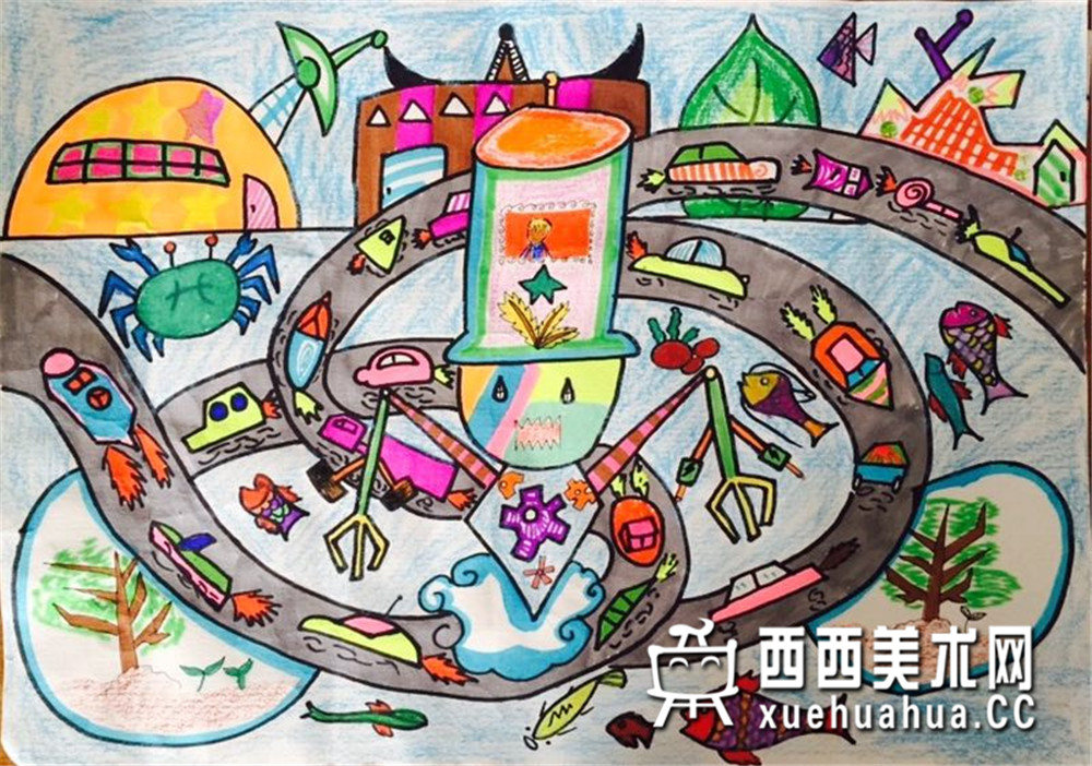 三等奖小学生获奖科幻画《防堵车机器人》(1)