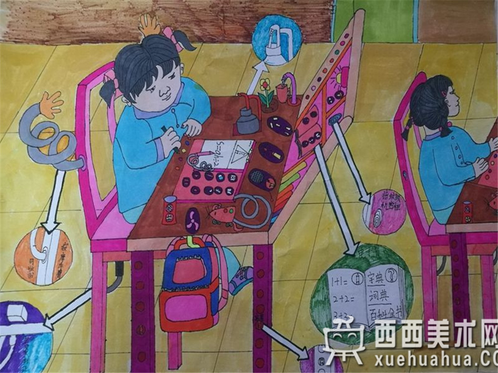 三等奖小学生获奖科幻画《全自动智能桌椅》赏析(1)