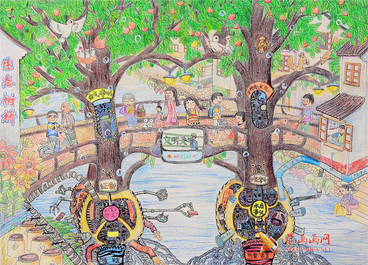 小学生五年级儿童科幻画《生态树桥》(1)