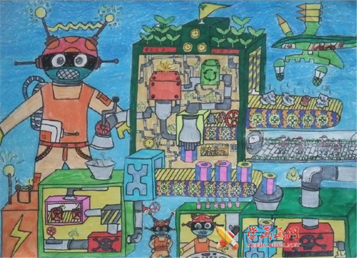 关于环保题材的儿童科幻画《环保机器》(1)
