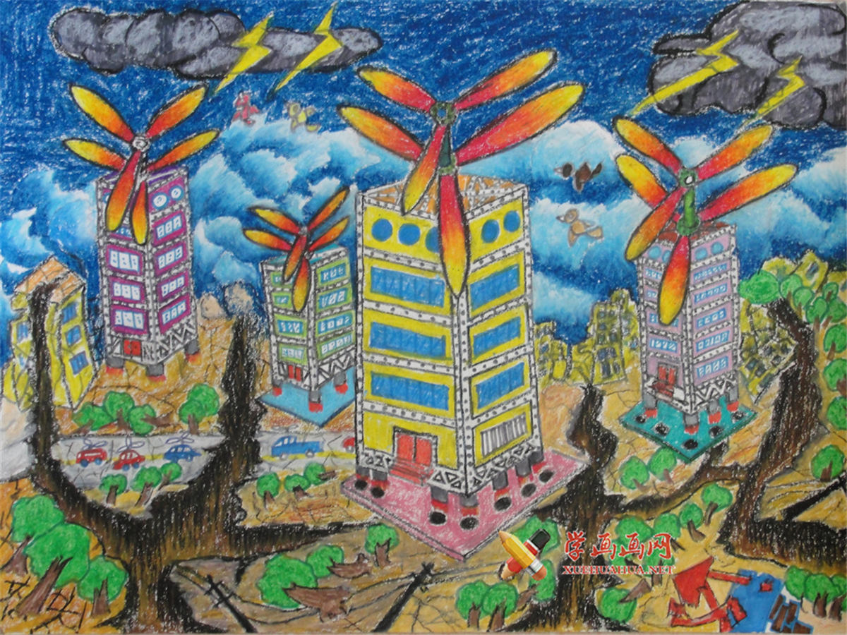 六年级小学生科幻画《防震减灾楼》(1)
