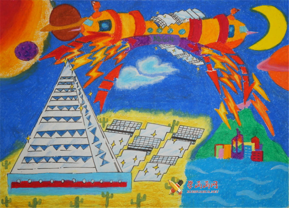 五年级小学生科幻画《太空电力收集站 》(1)