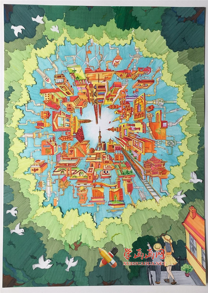 一等奖小学生科幻画《智慧生态城市》(1)
