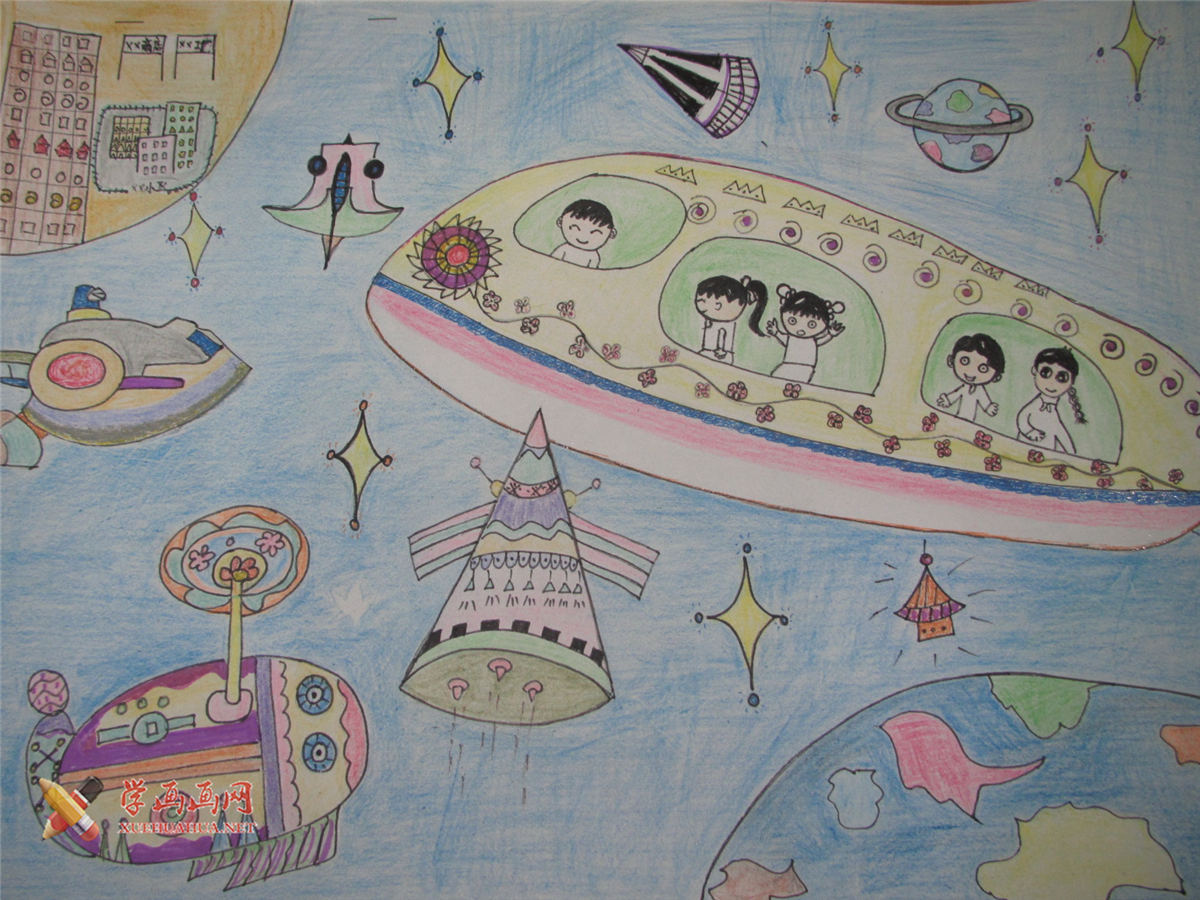 四年级小学生获奖科幻画作品《宇宙不寂寞》(1)