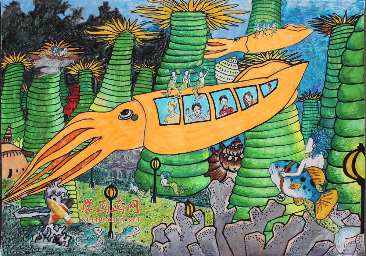 六年级小学生优秀科幻画《章鱼船》(1)