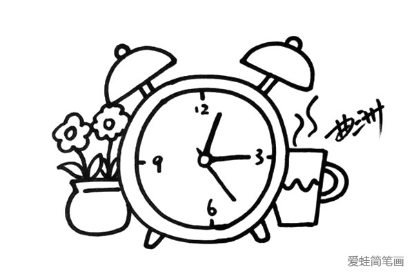 4.在小闹钟的边上加上一些小物件，我画了花盆和杯子。