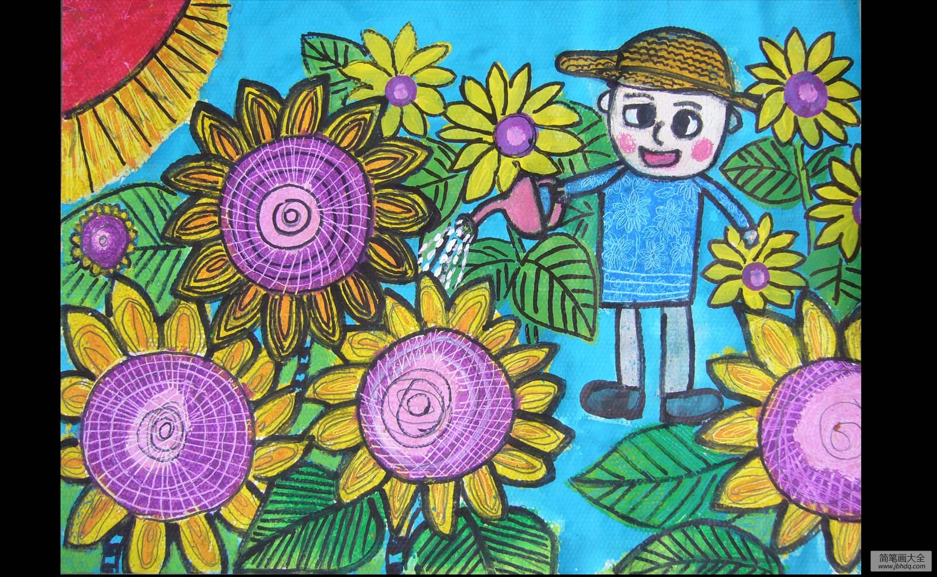 六一儿童节儿童画-向日葵中的男孩