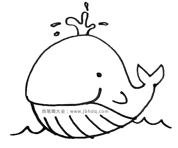 第六步：鲸鱼画好以后，在它上面画上一点水花，下面用小折线画出波浪。