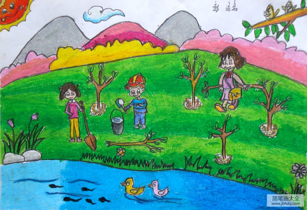 儿童画春天的树图画-我们一起来植树