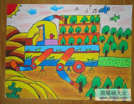 儿童蜡笔画作品欣赏-植树造林