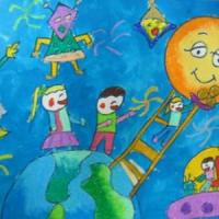 庆六一儿童节儿童画-一起到月亮上面去