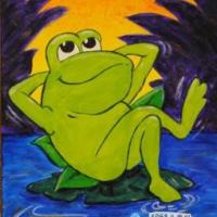 一只悠闲的小青蛙夏天油画作品欣赏
