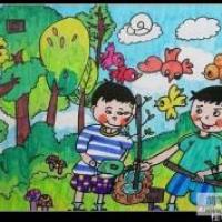 两个种树的小男孩植树节儿童画教师范画
