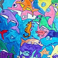 海底五颜六色的海豚儿童画