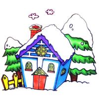 画漂亮的雪中小屋