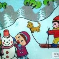 冬天场景儿童画图片：滑雪