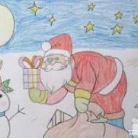 幼儿圣诞节彩色铅笔画作品：送礼物的圣诞老人