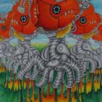 二等奖获奖科幻画作品《沙漠里的“小黄鸡”》