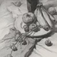 优秀素描范画：白酒瓶、苹果、白瓷盘、果子、香蕉的组合画法