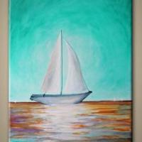 大海上的小帆船油画风景写生作品