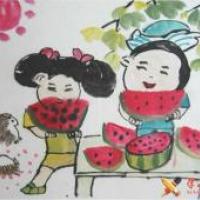 儿童中国画，吃西瓜的小朋友们