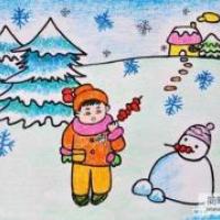 小学儿童蜡笔画获奖作品：冬天里的雪人