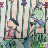 奔跑的大青蛙和小女孩夏天手绘画图片欣赏