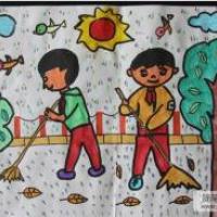 扫地的小男孩二年级学雷锋的绘画图片
