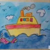 儿童画轮船和海豚