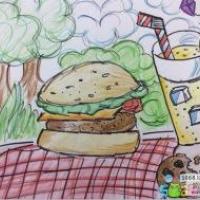 吃汉堡喝冷饮快乐暑假主题画作品分享