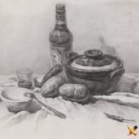 优秀素描画：砂锅、啤酒瓶、土豆、辣椒、碗、不锈钢勺、透明玻璃杯的组合画法素描图片