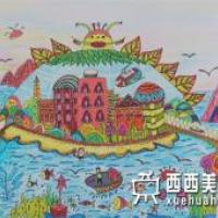 三等奖儿童获奖科幻画《海上未来城市》欣赏